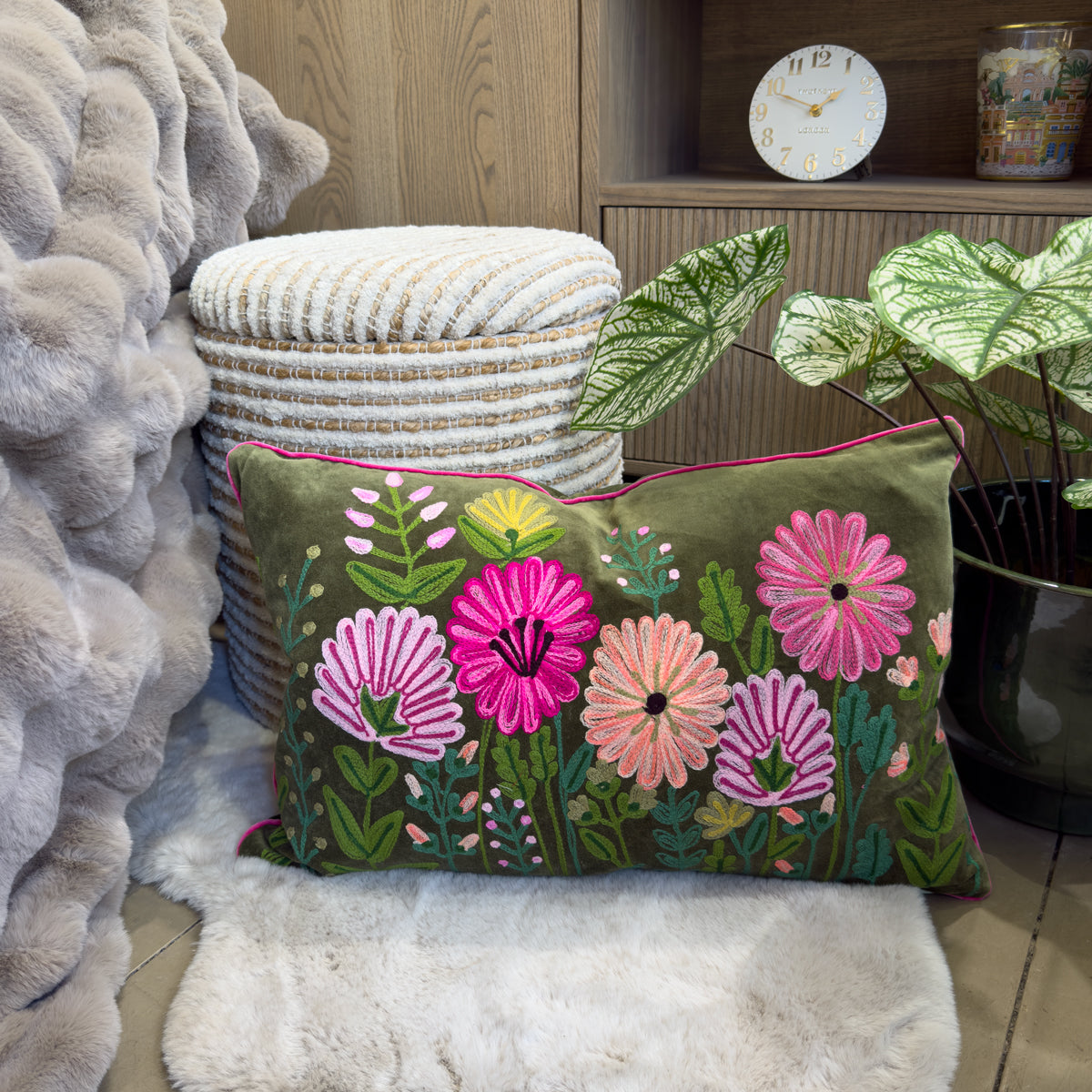 Olive & Pink Embroidered Flower Cushion - 40x60cm