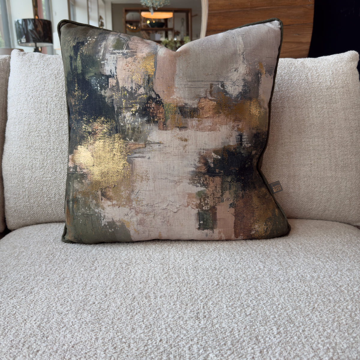 Olive Green & Gold Distressed Foil Cushion - 50x50cm