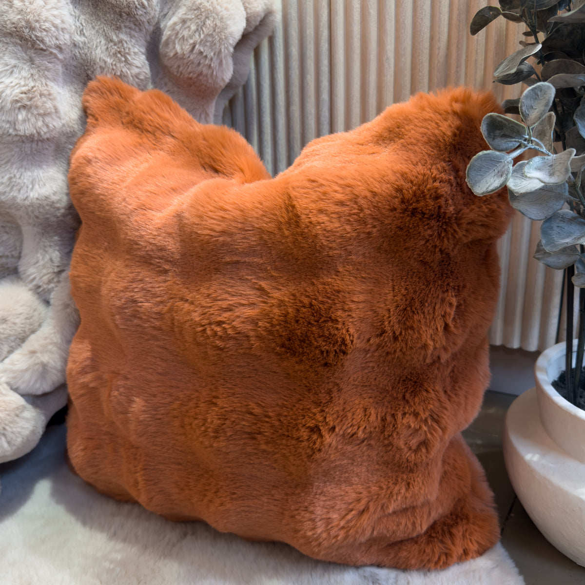 Luxe Orange Wavy Faux Fur Cushion - 50x50cm