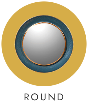 A yellow circular icon with a teal and gold circular mirror in the centre.