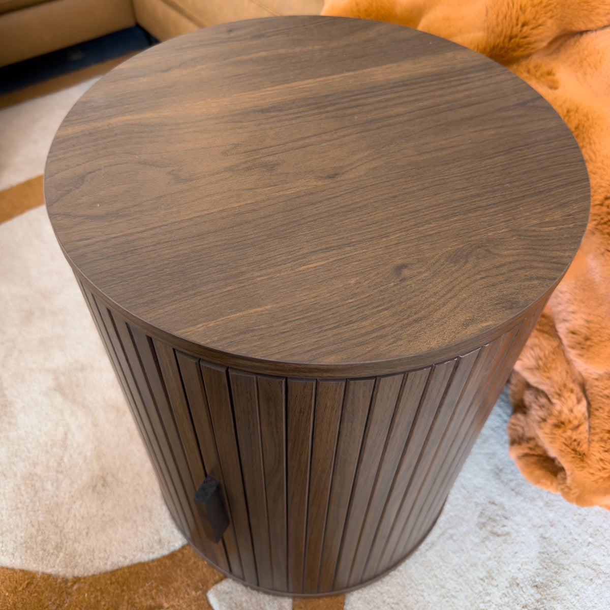 Pine Wood Slatted Cylindrical Side Table