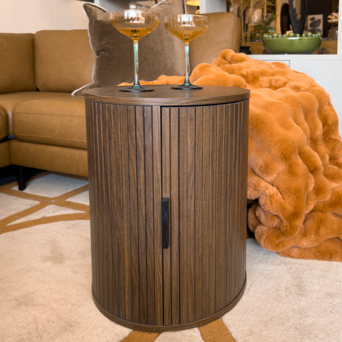 Pine Wood Slatted Cylindrical Side Table