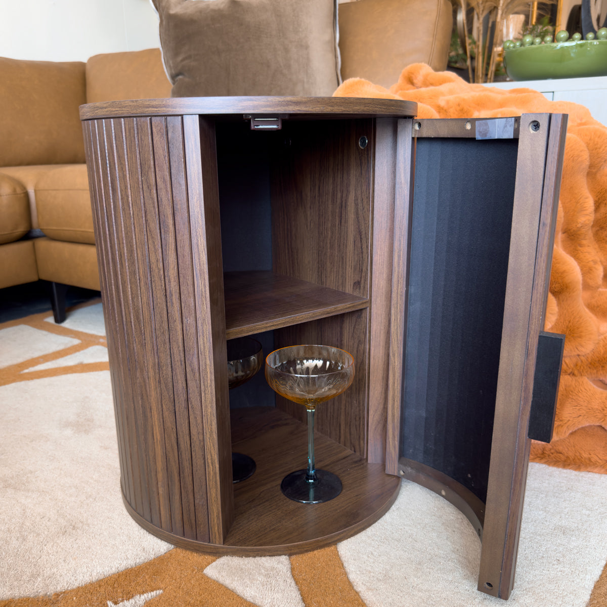 Pine Wood Slatted Cylindrical Side Table