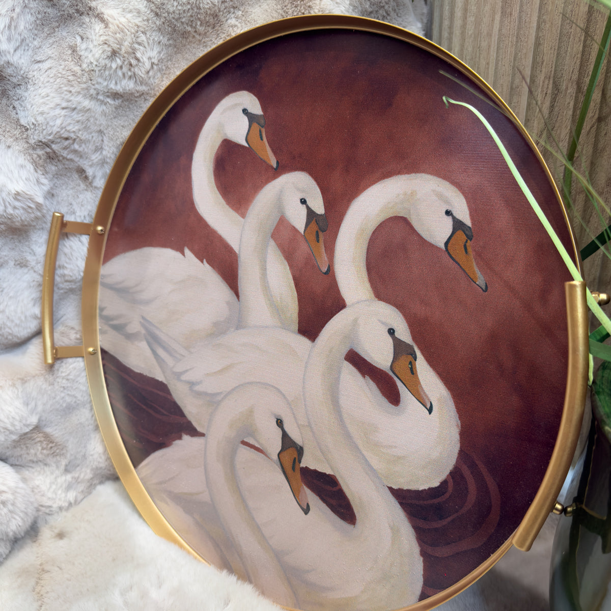 Gold & Brown Circular Swan Tray