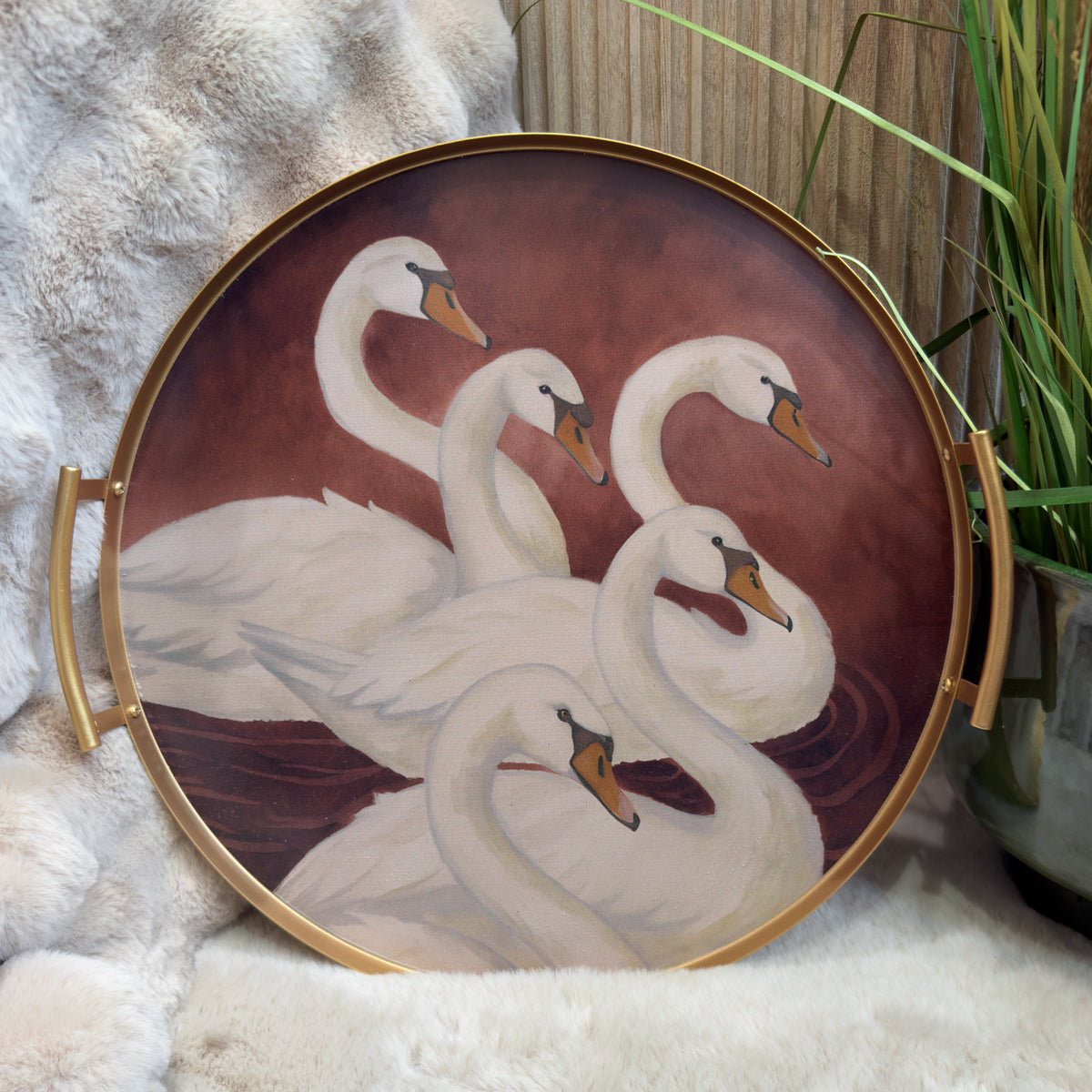 Gold & Brown Circular Swan Tray