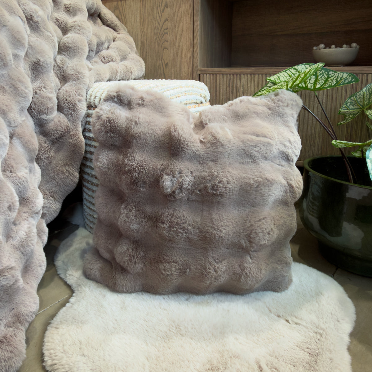 Luxe Taupe Wavy Faux Fur Cushion - 50x50cm
