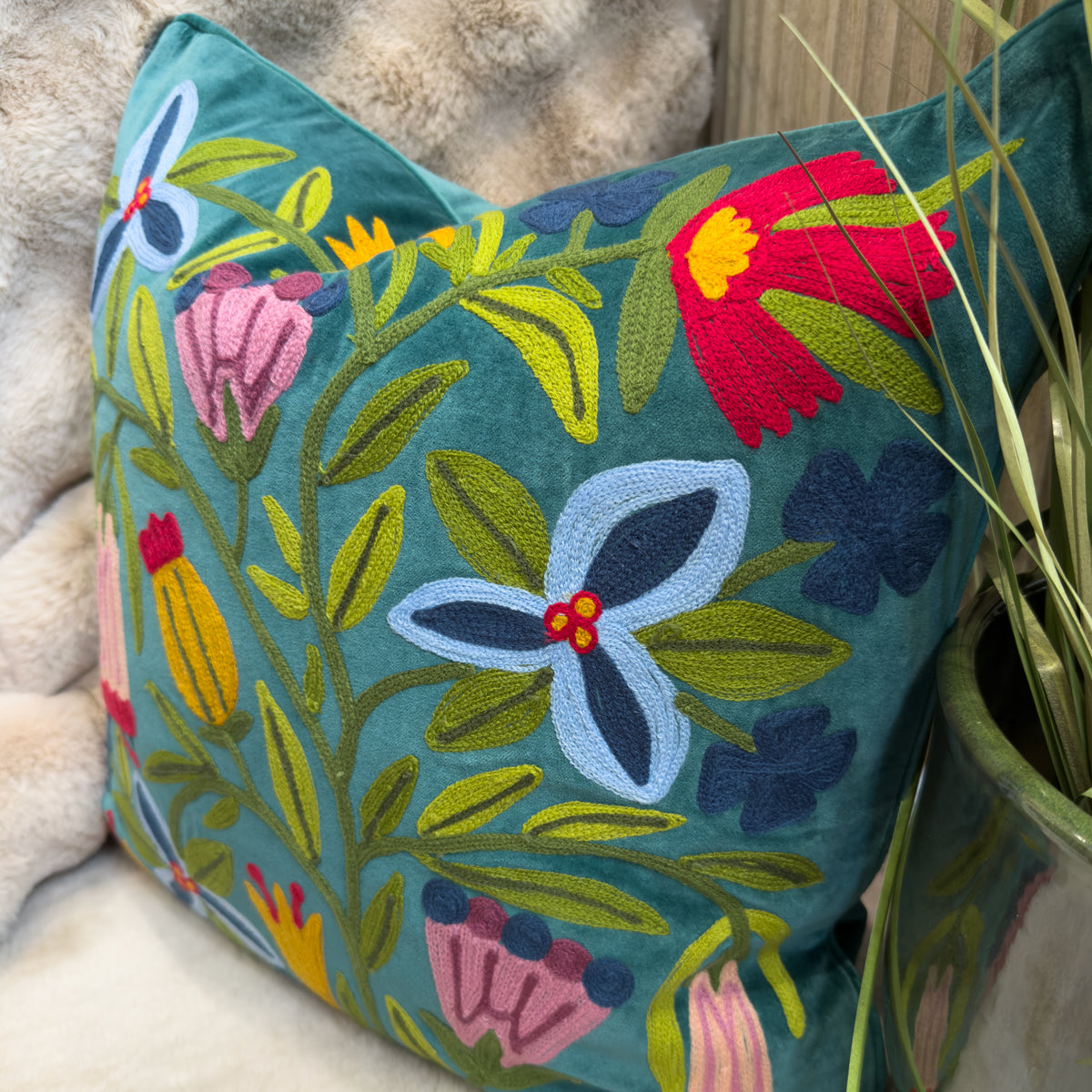Teal Embroidered Tropical Flower Cushion - 50x50cm