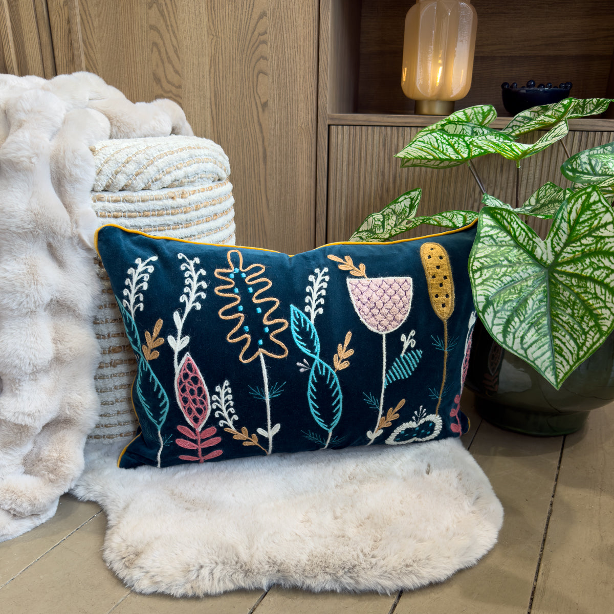 Teal Embroidered Floral Cushion - 40X60cm