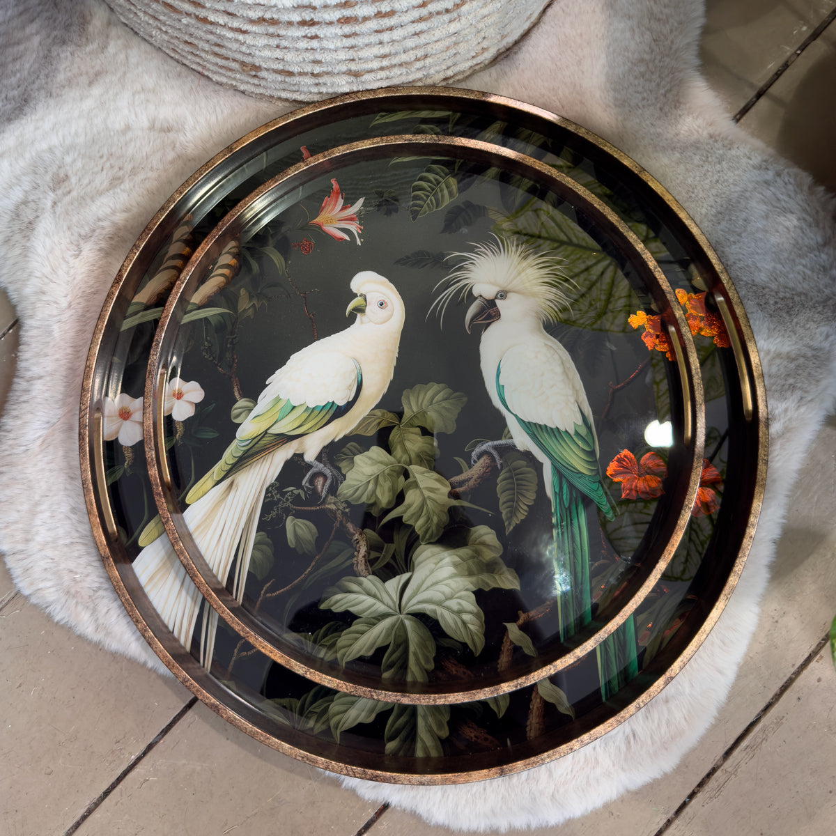 Round tropical parrot trays smaller one placed on top of larger. Tray shows two cockatiels on a dark background with a floral design.