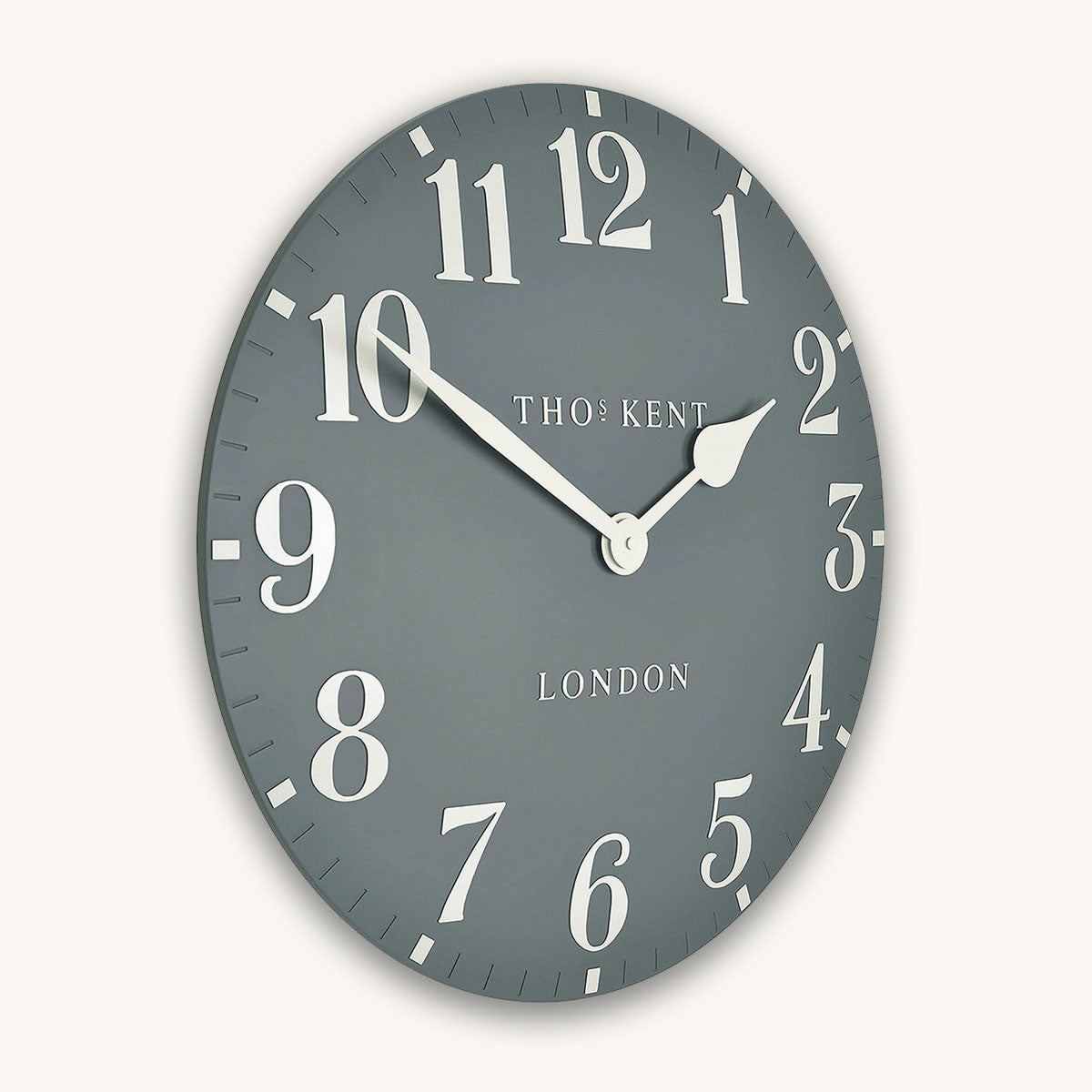 Wall clock with white numbers and hands on a gray background