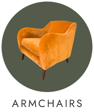 Orange armchair on a dark green background with 'ARMCHAIRS' text below.