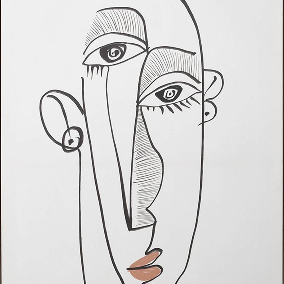 A close up of a wall canvas with a line drawing of an abstract face in monochrome shades.