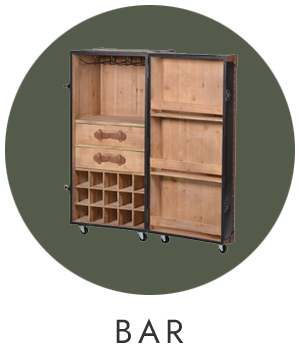 Wooden bar cart with open doors on a green background
