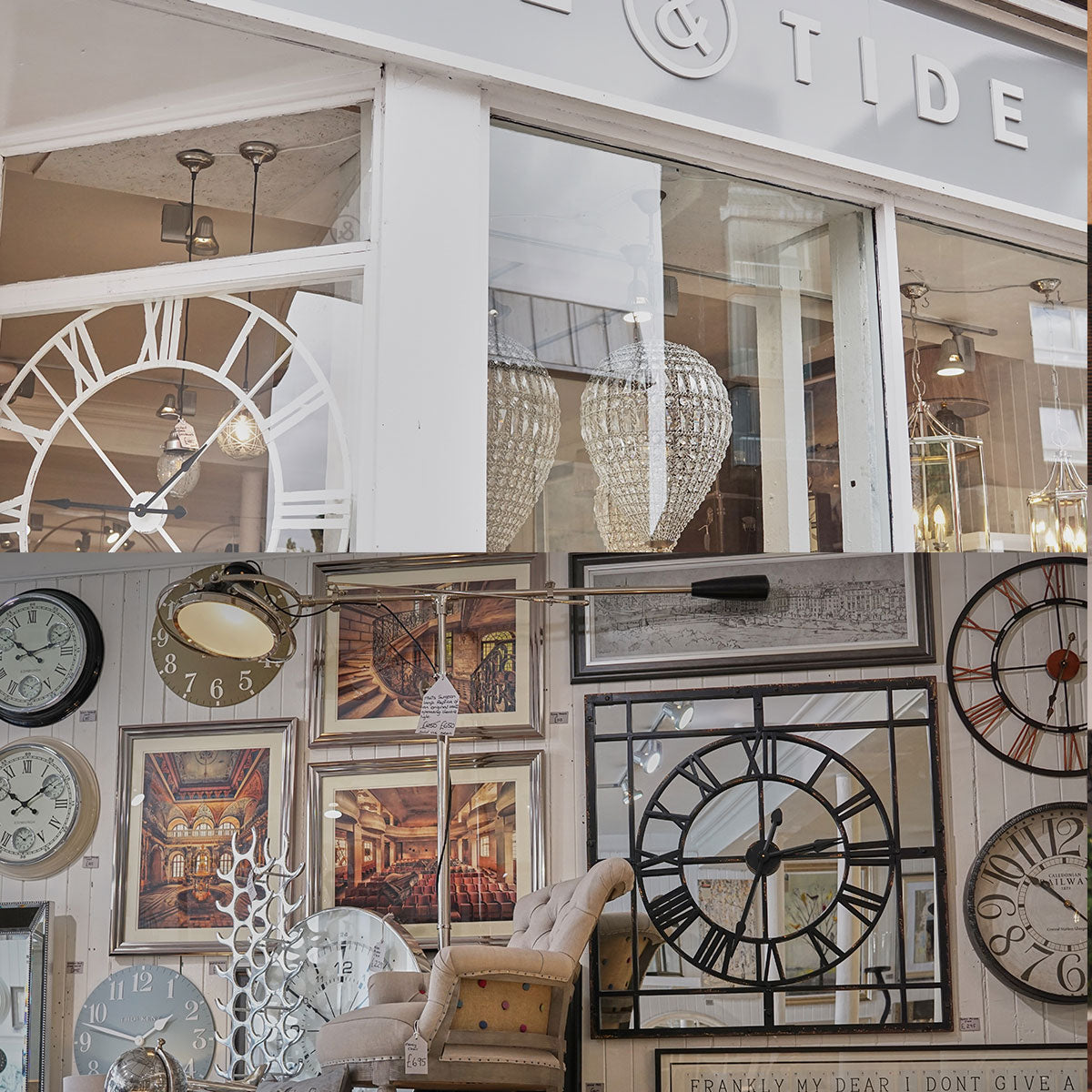 Display of various clocks and decor items in a store window with 'TIME & TIDE' branding.