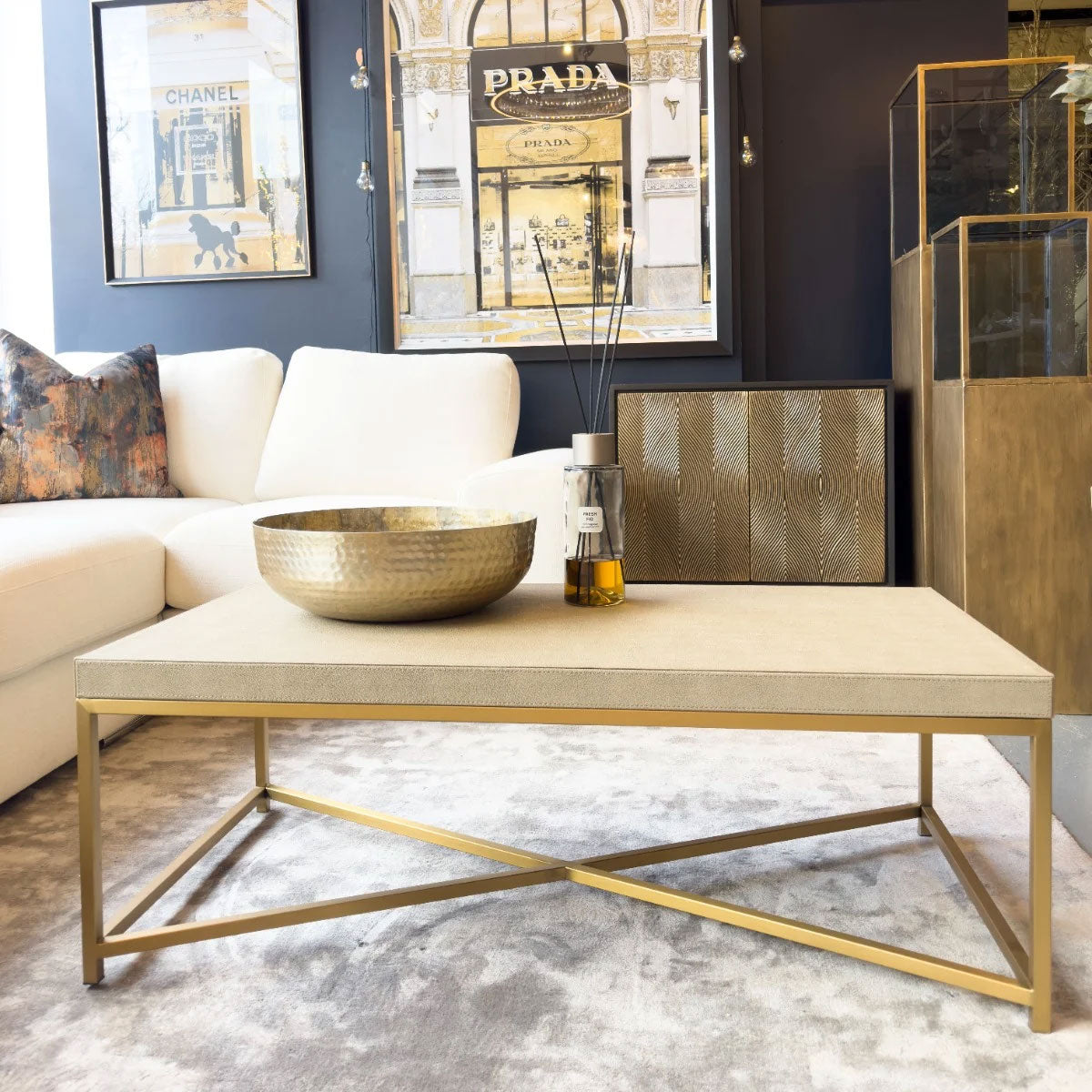Modern living room with a gold & beige shagreen coffee table, white sofa, and framed pictures on the wall.