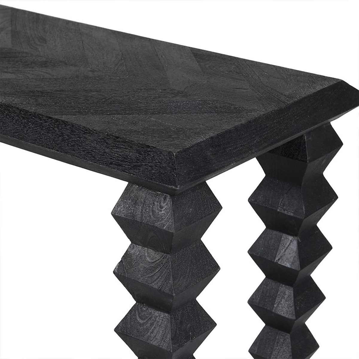 Black wooden console table with geometric base on a white background