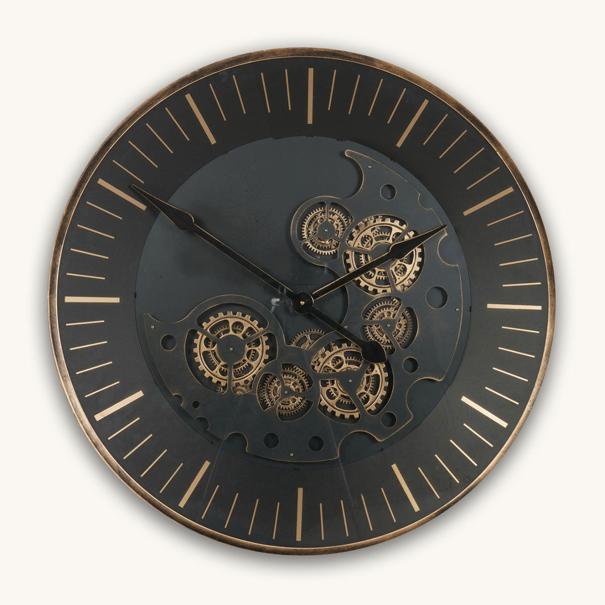 Decorative wall clock with mechanical gear design on a black face and gold accents.