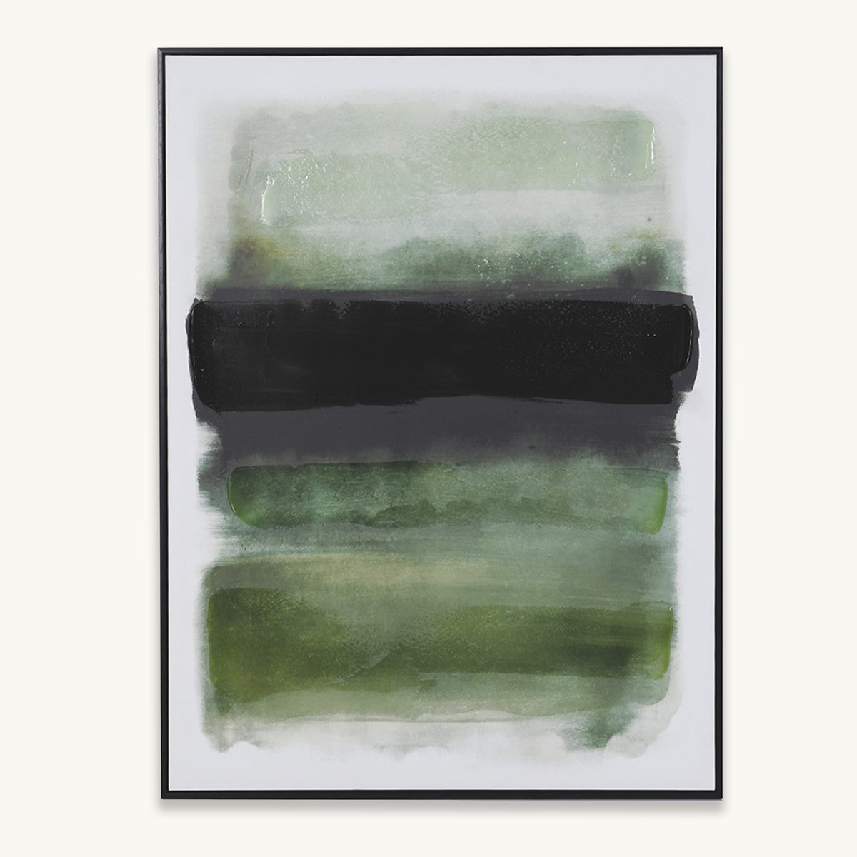Abstract art piece with green and black horizontal stripes on a white background