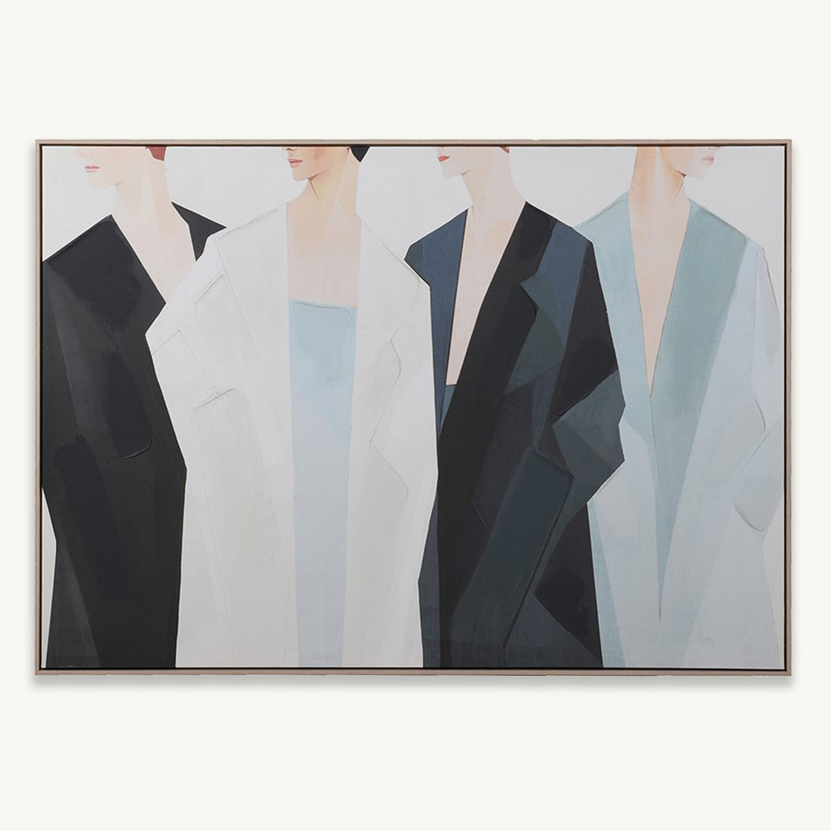 Artistic depiction of four figures wearing coats on a white background