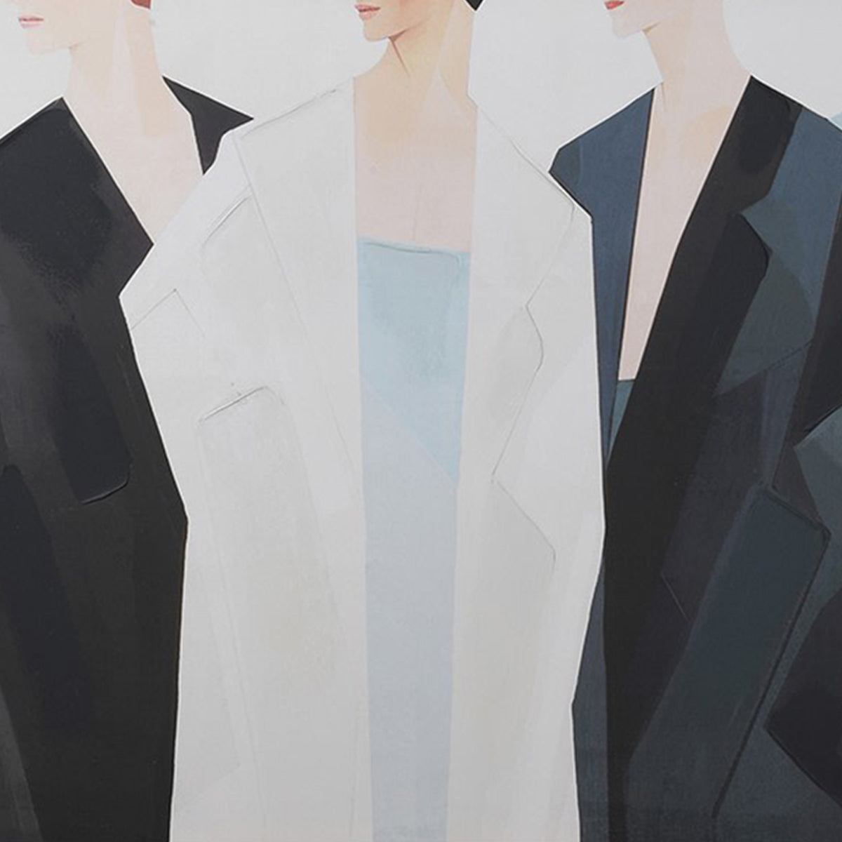 Three stylized figures wearing different outfits on a white background