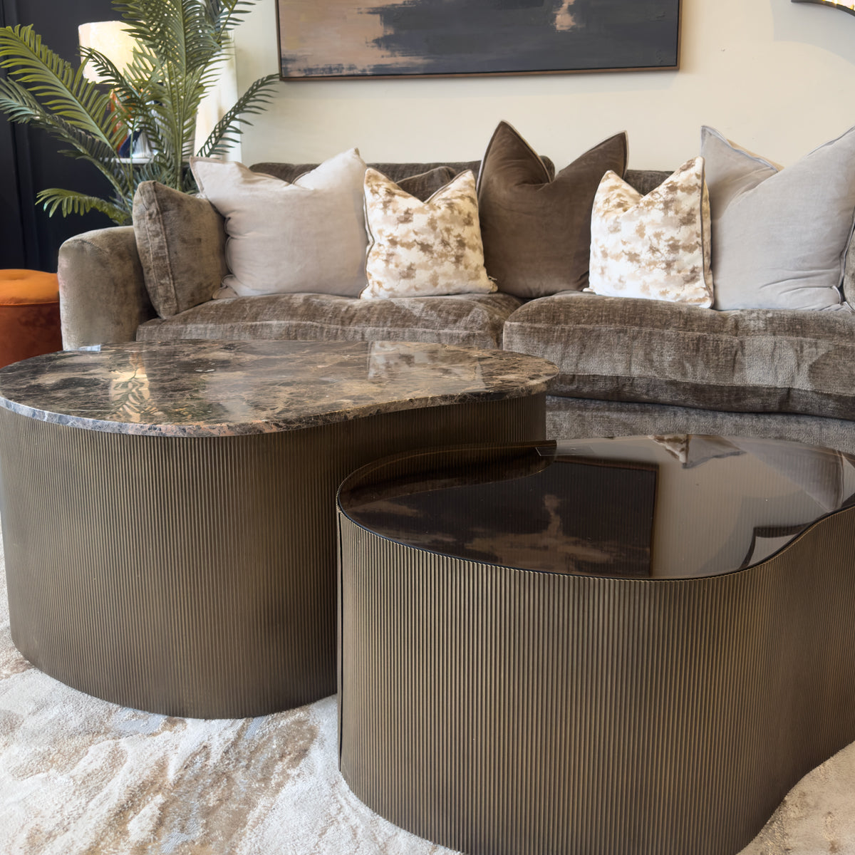 Brown Marble & Glass Organic Coffee Tables - Set of 2