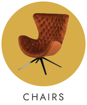 Orange padded wing chair on a yellow background with 'CHAIRS' text below.