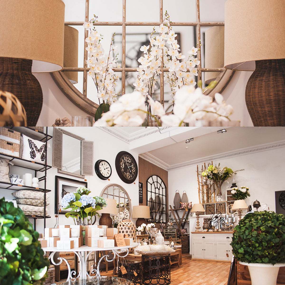 Decorative interior with lamps, plants, and wall art in a stylish room.