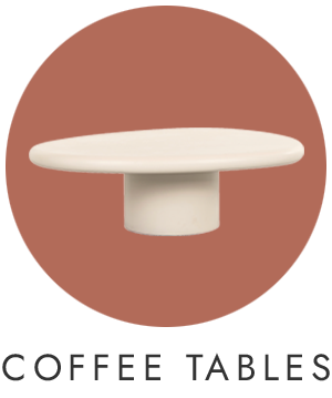 White coffee table on a brown circular background with 'COFFEE TABLES' text below.