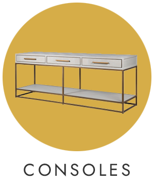Furniture console with drawers on a yellow background, labeled 'Consoles'.
