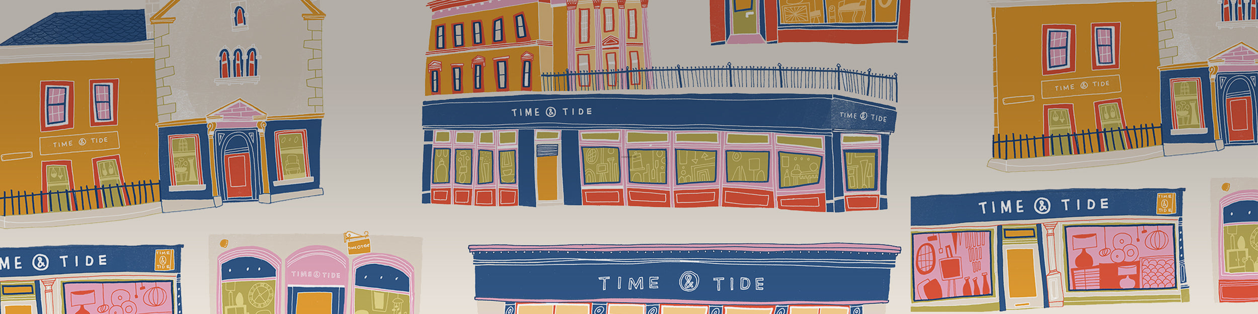A banner of time and tide buildings rendered in multicoloured shapes