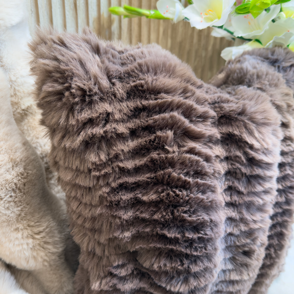Chocolate Scallop Cut Faux Fur Cushion - 43x43cm