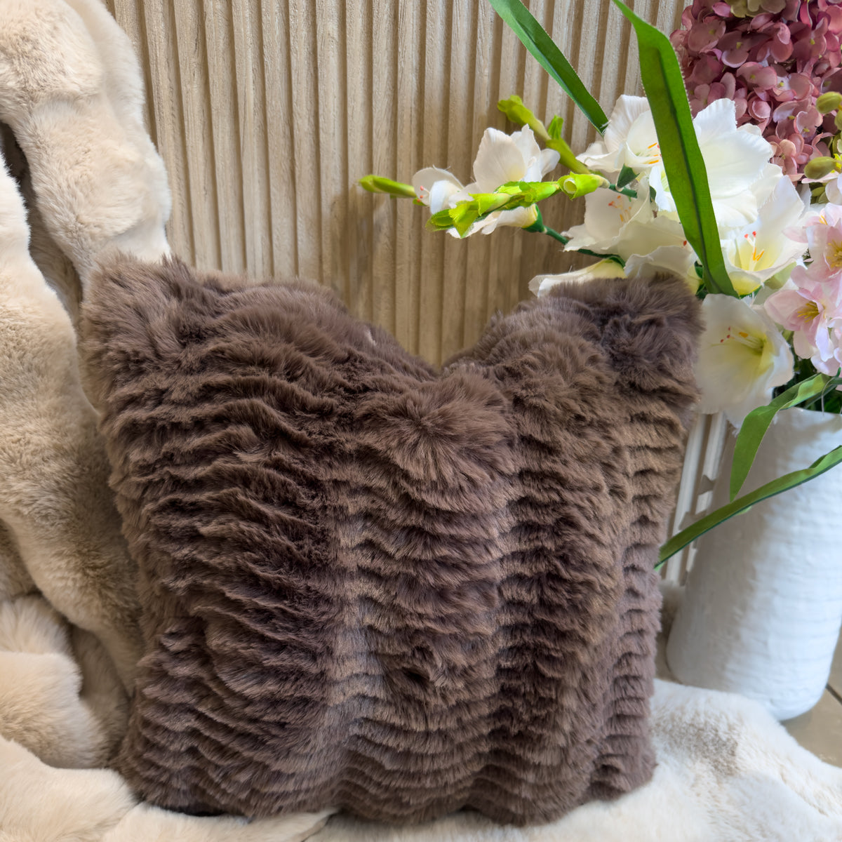 Chocolate Scallop Cut Faux Fur Cushion - 43x43cm