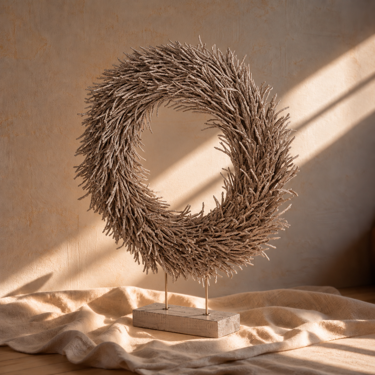 Golden Feathered Twig Wreath on Base