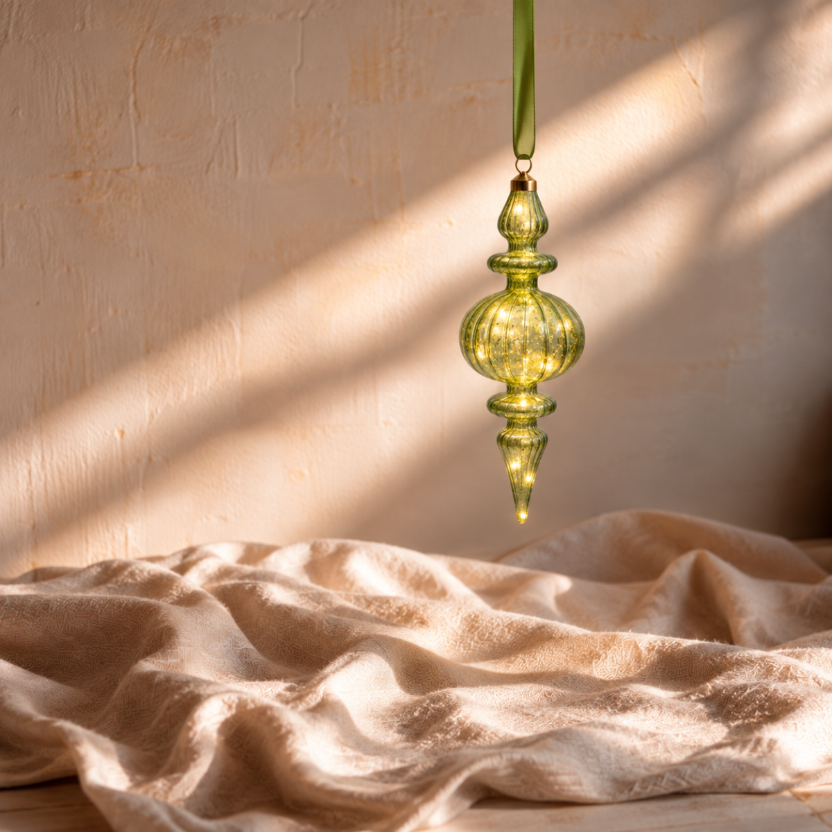 LED Green Hanging Finial on Ribbon