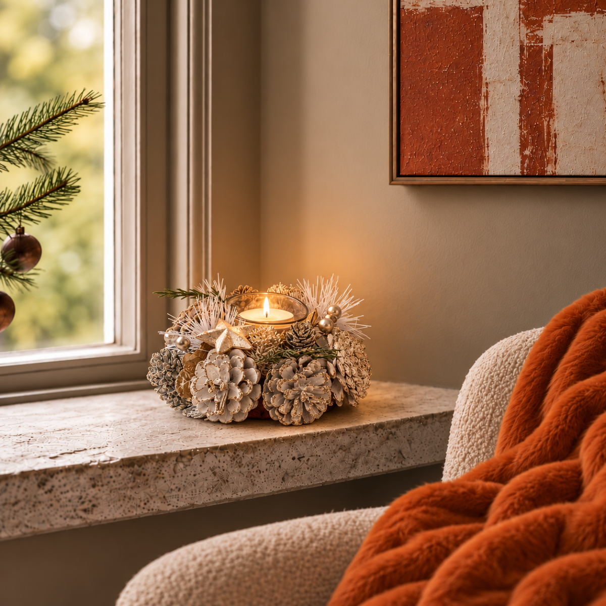 Frosted Star & Pinecone Tealight Holder