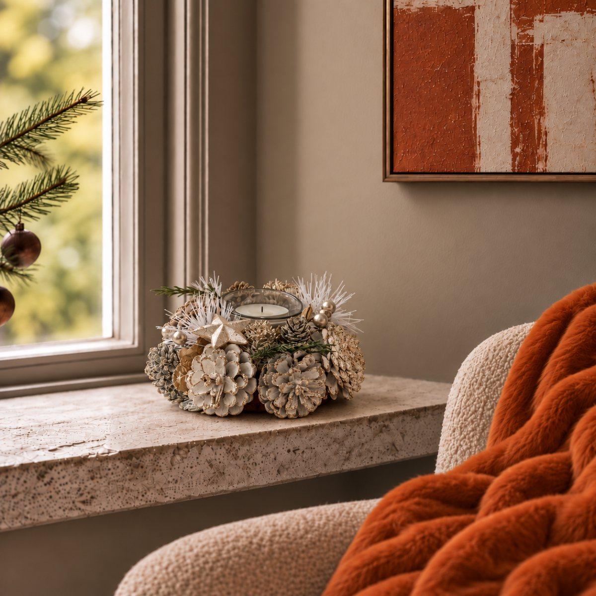 Frosted Star & Pinecone Tealight Holder