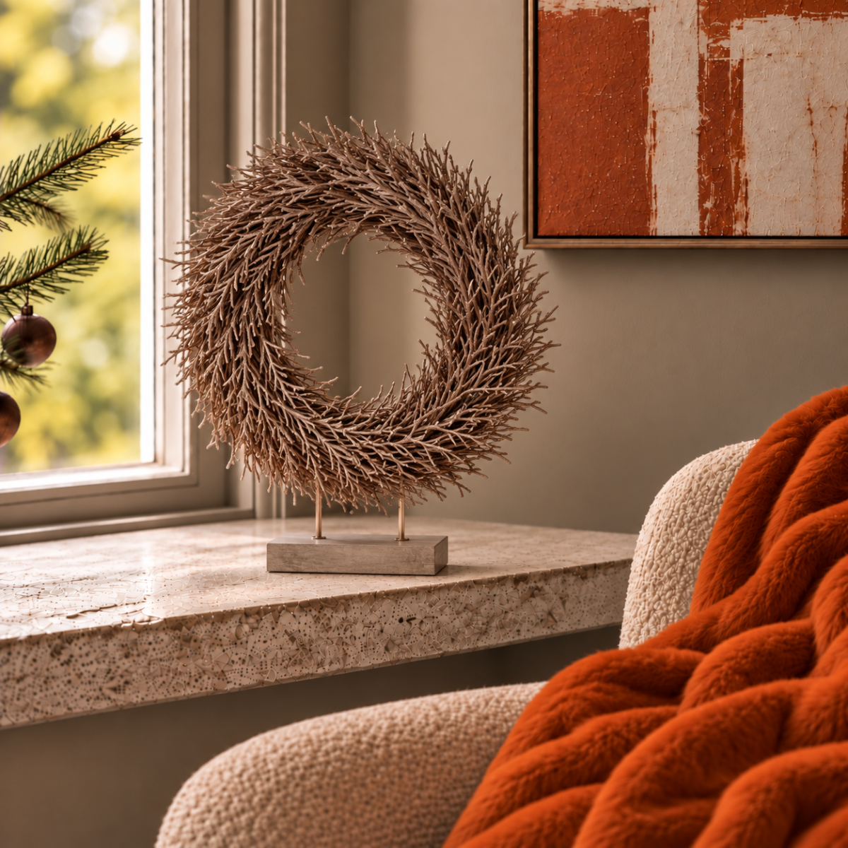 Golden Feathered Twig Wreath on Base