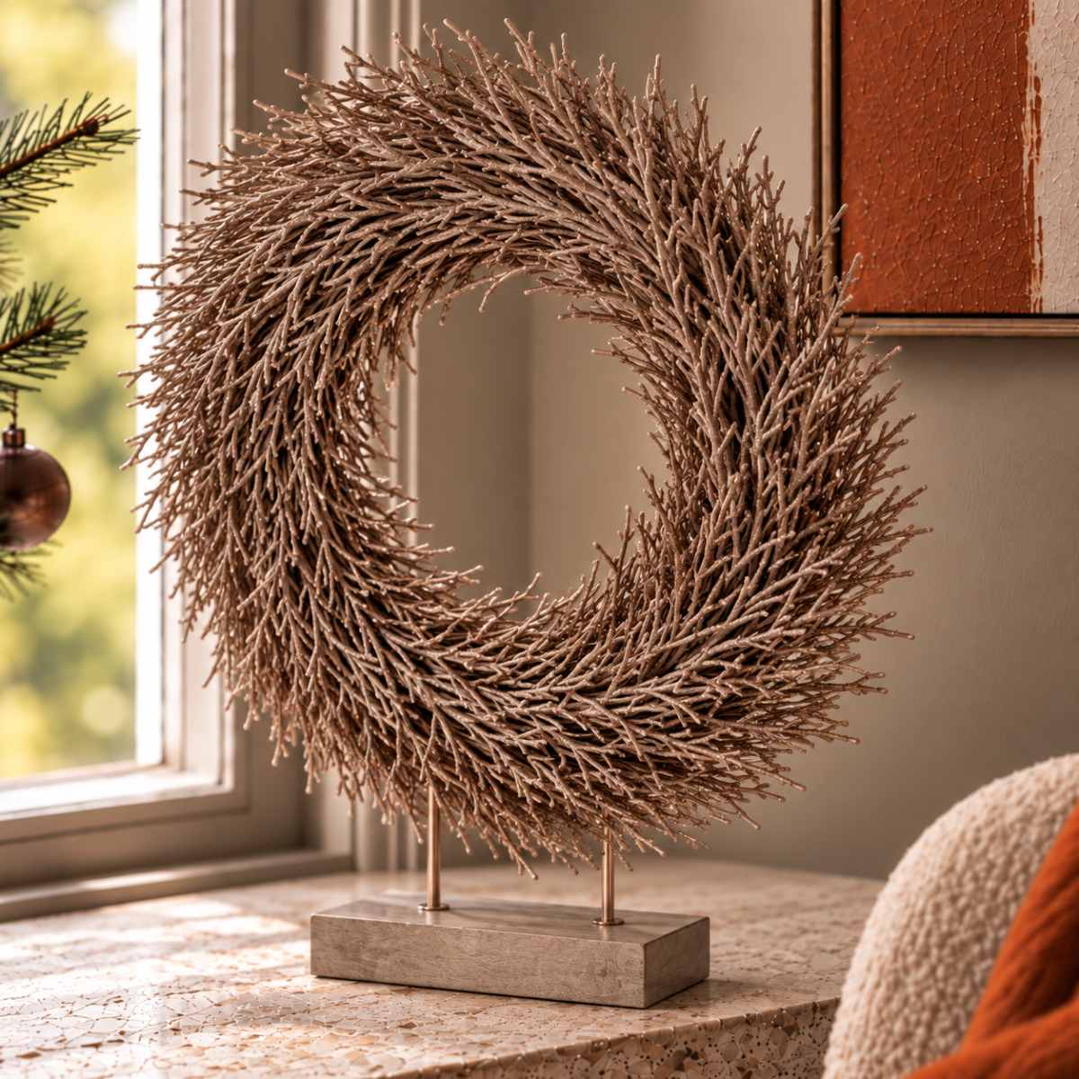 Golden Feathered Twig Wreath on Base