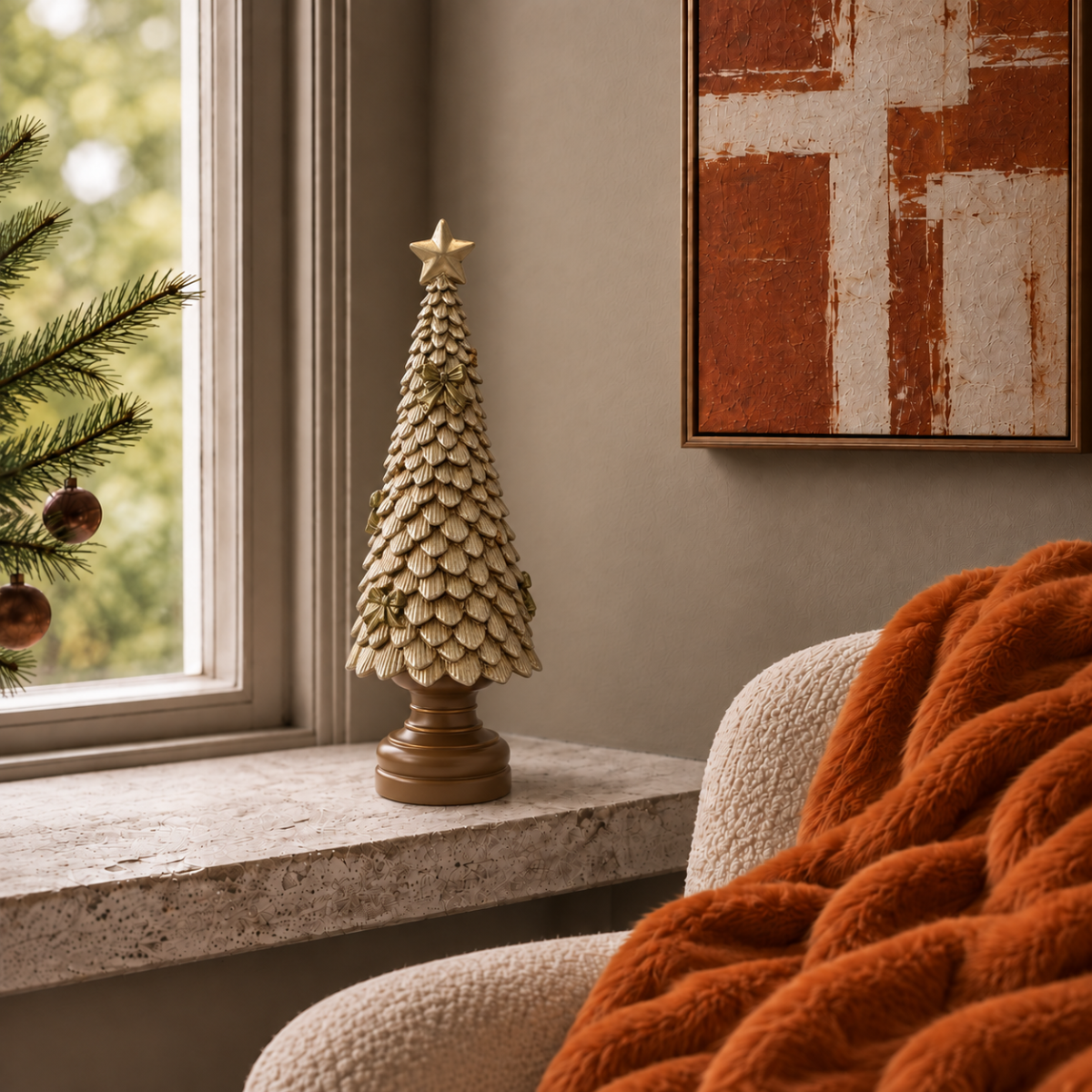 Gold Textured Bow Tree Statue - Large