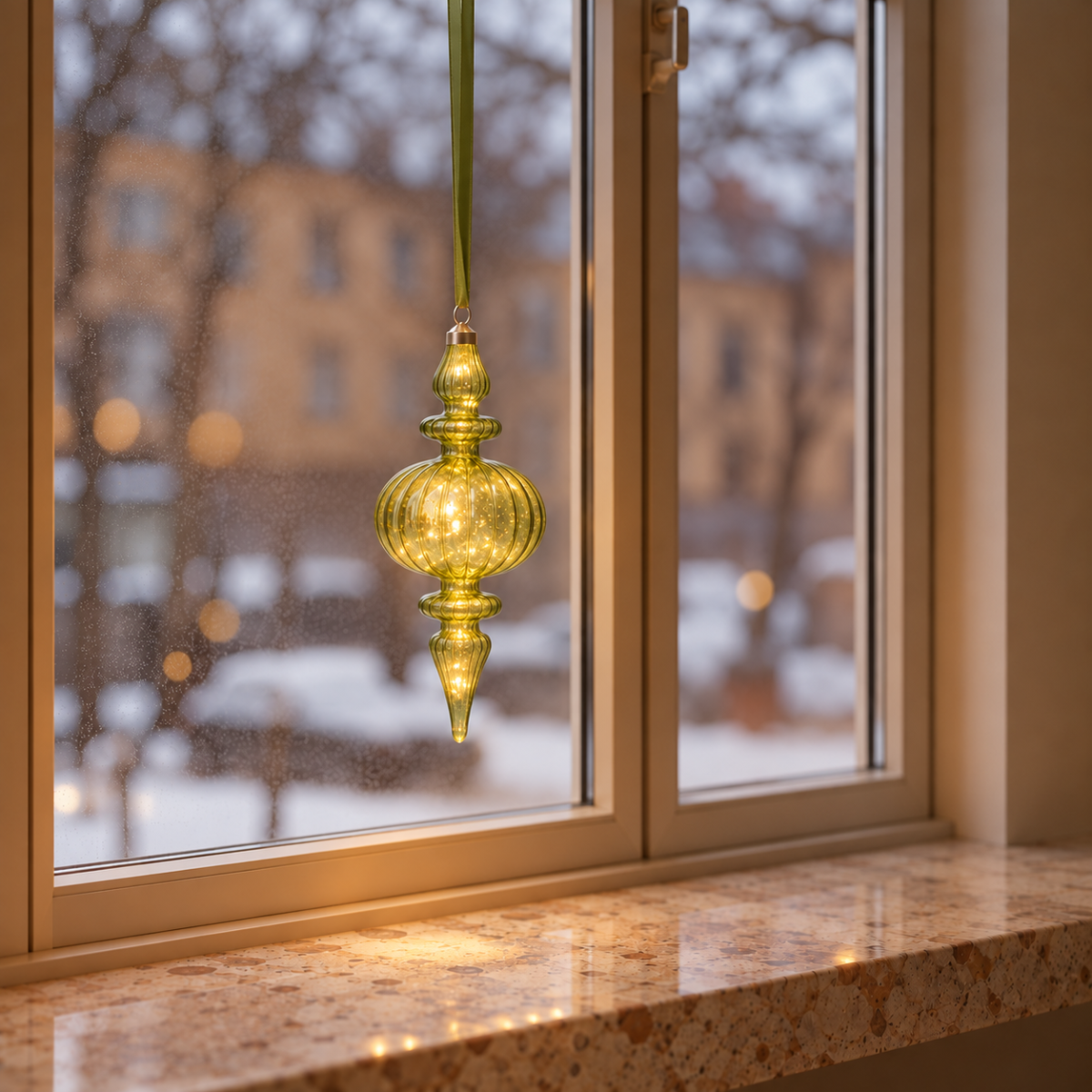 LED Green Hanging Finial on Ribbon