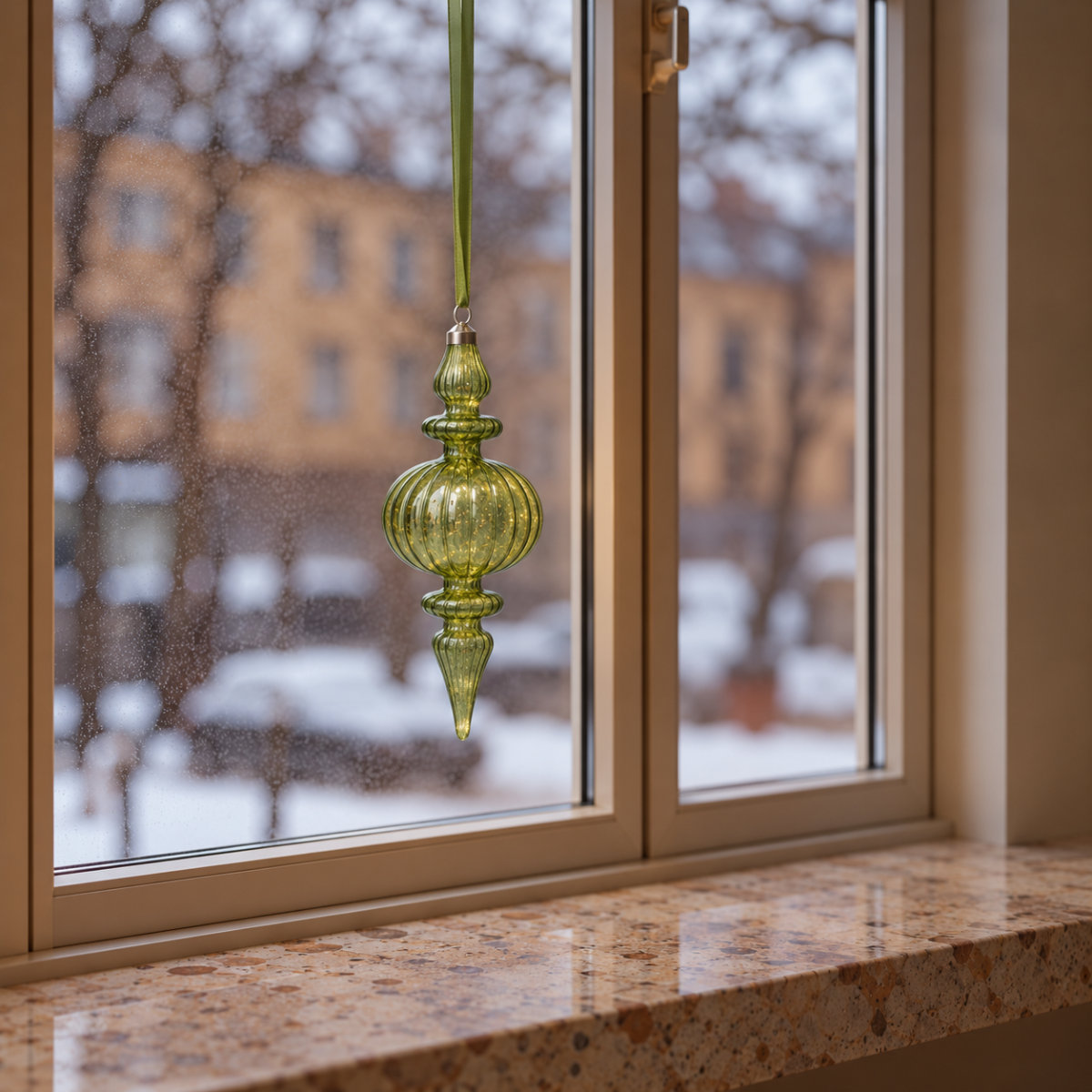 LED Green Hanging Finial on Ribbon