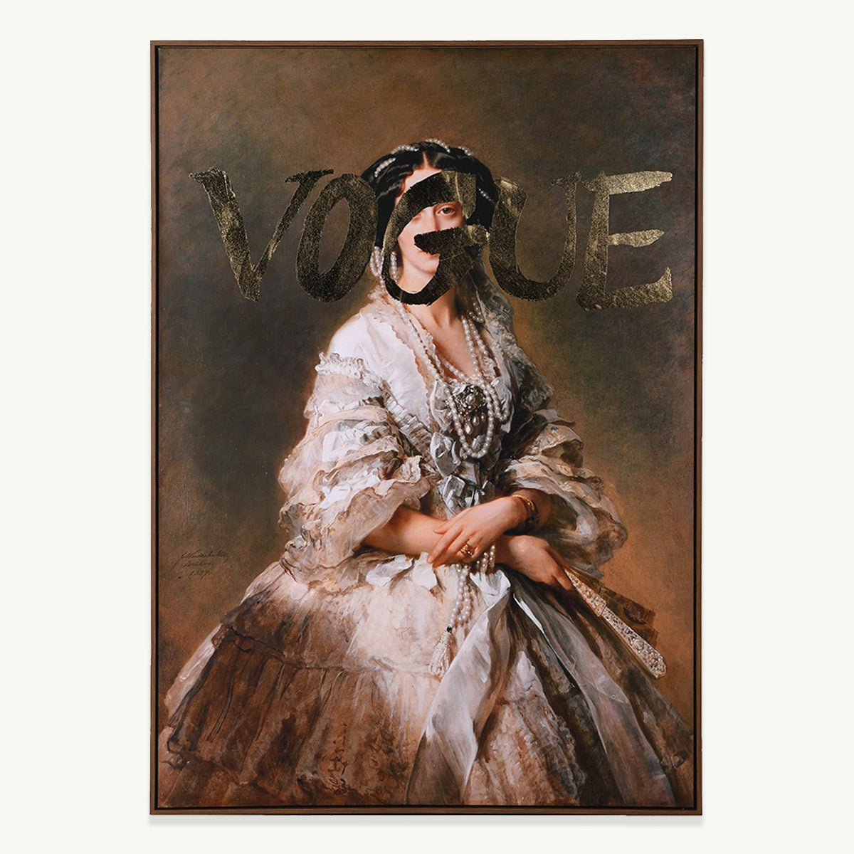 A brown toned canvas featuring bold gold vogue lettering and a classical portrait of a regal lady.