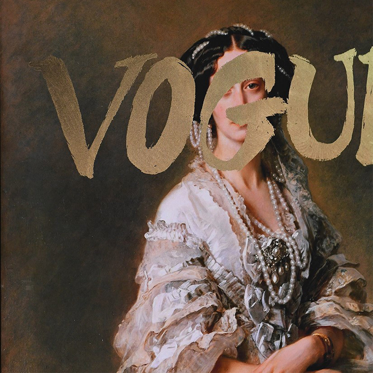 A close up of a wall art with gold vogue lettering, and a classical lady in the background.