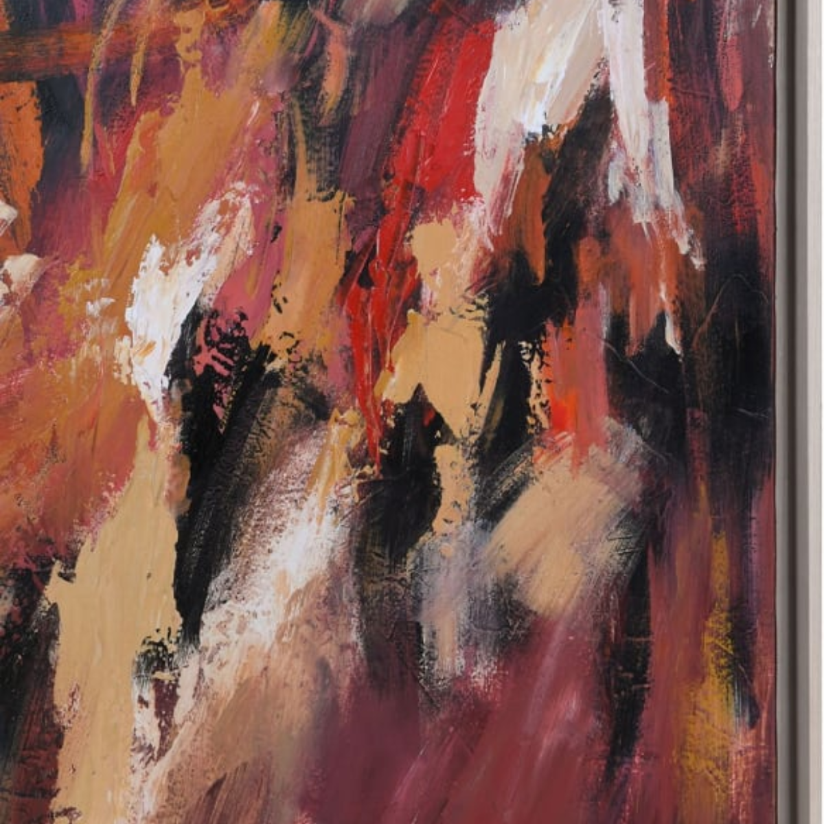 Abstract expressionist painting with bold vertical strokes in red, black, ochre, white, and burgundy, creating a turbulent, energetic mood.
