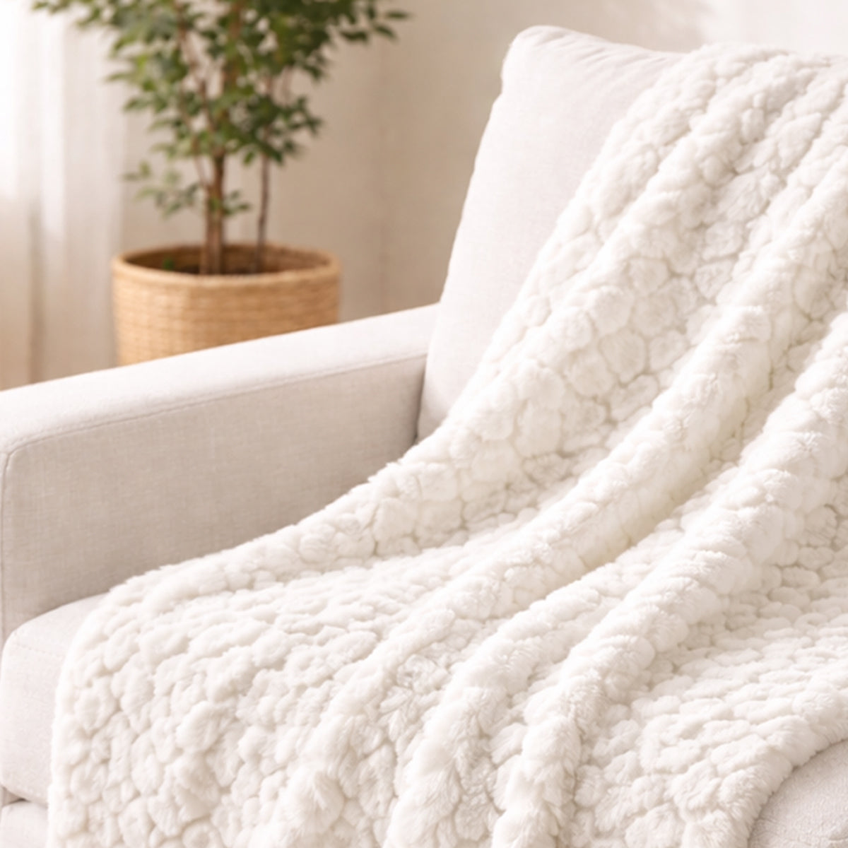 Off White Pebble Cut Faux Fur Throw - 150x200cm