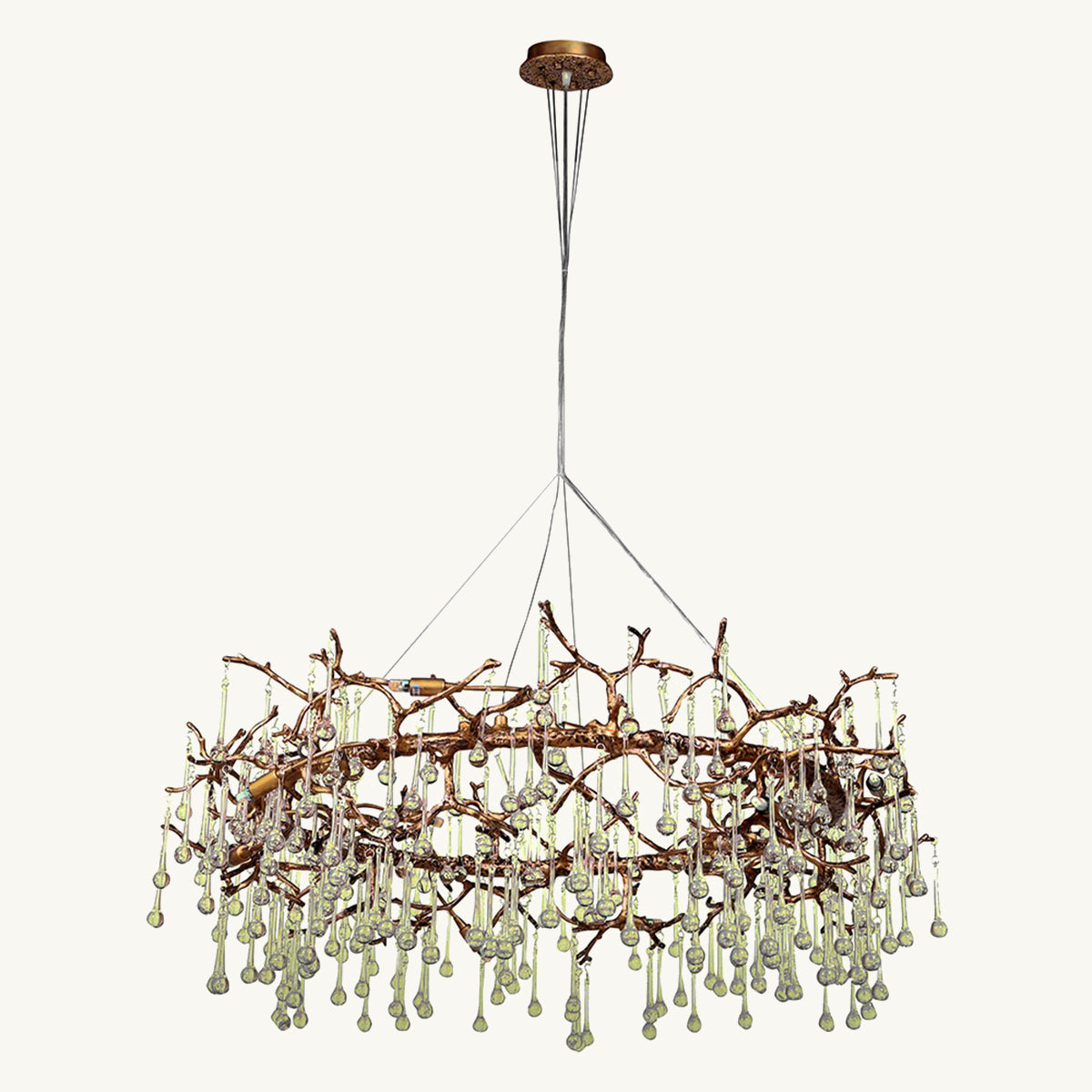 A unique disc-shaped chandelier with bronze intertwined branches and olive green cascading teardrop glass pieces.