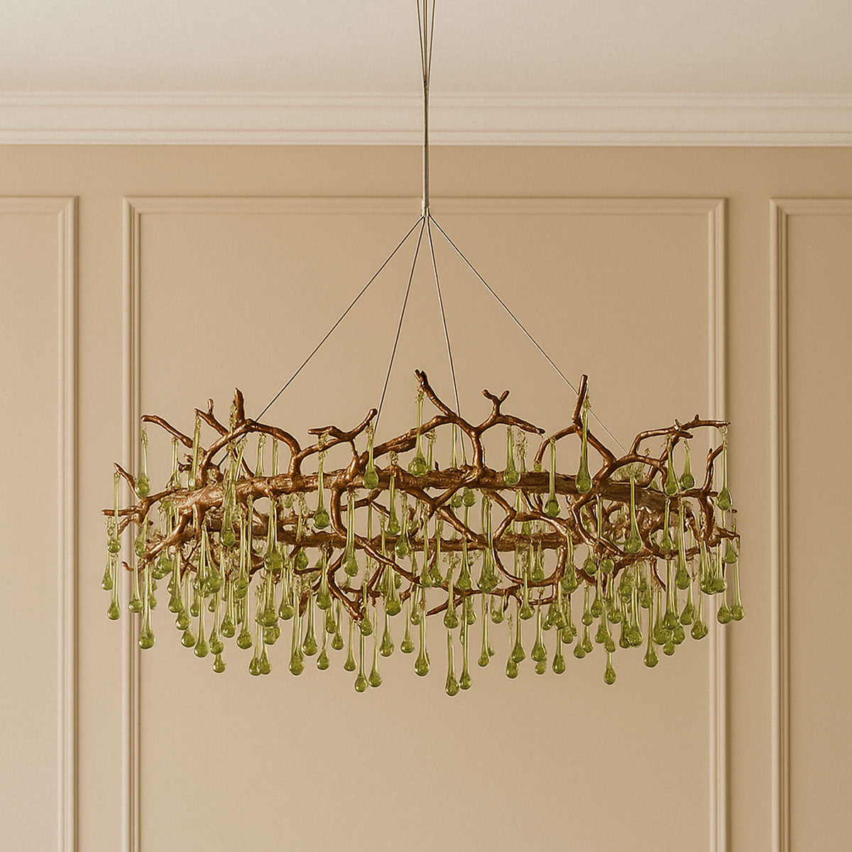Decorative chandelier with branch-like design and green hanging elements on a beige wall.