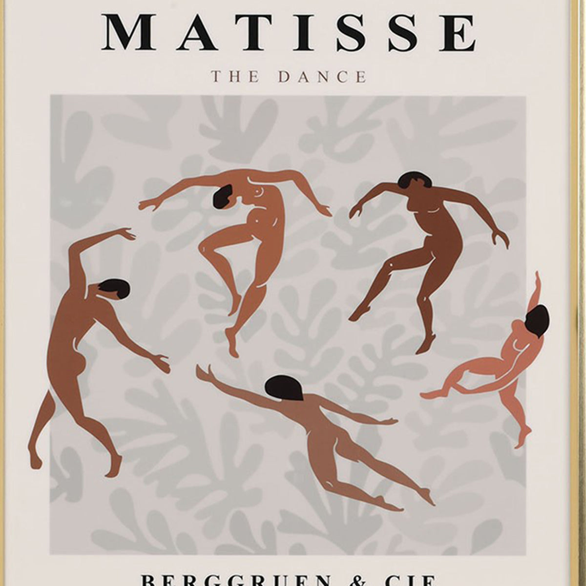 A close up of a gold framed print featuring a picture inspired by Matisse The Dance artwork.