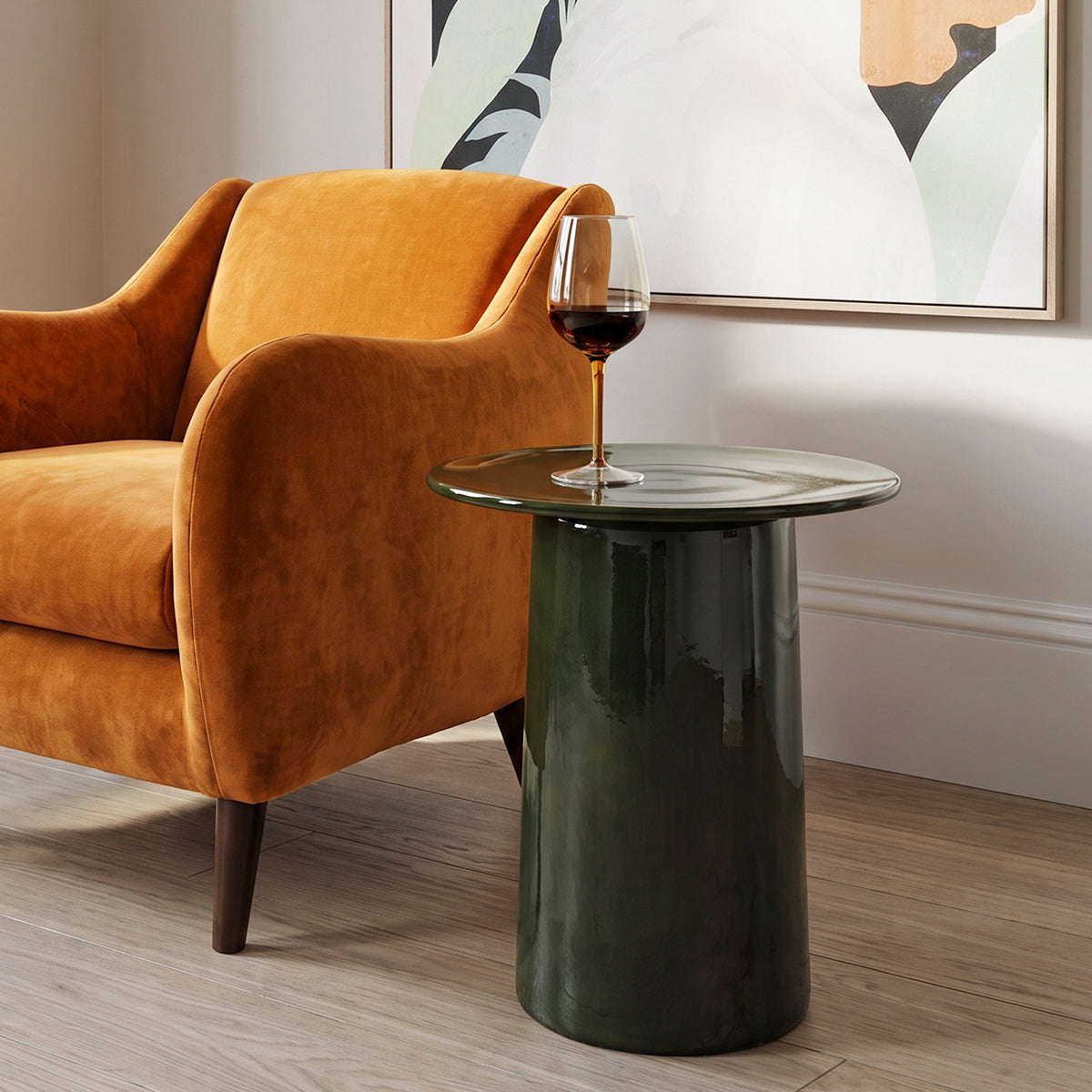Dark Green Stoneware Cylindrical Side Table
