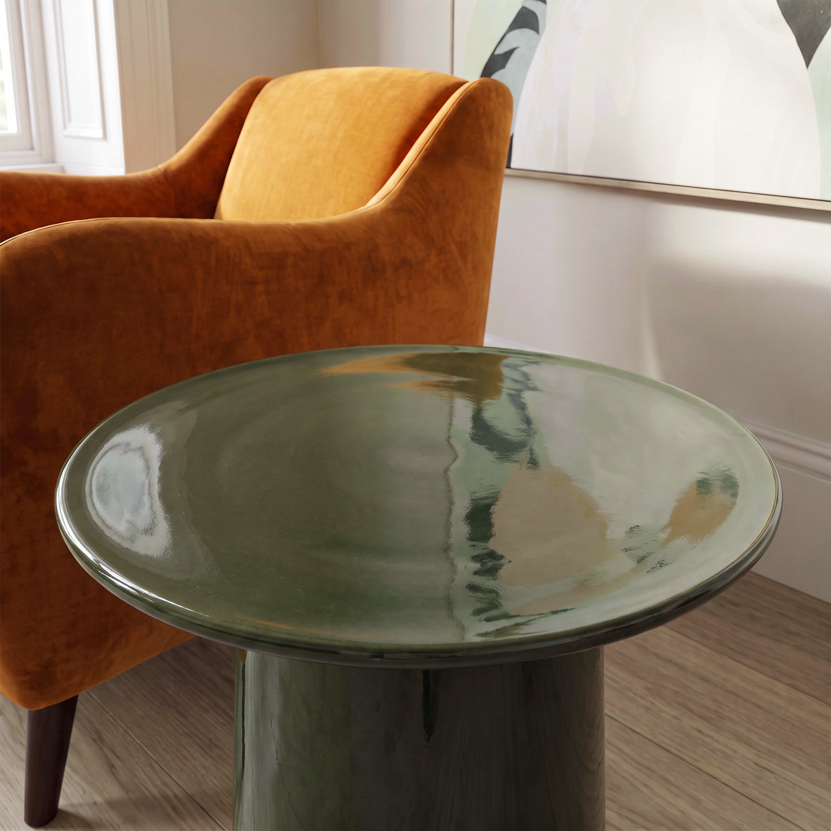 Dark Green Stoneware Cylindrical Side Table